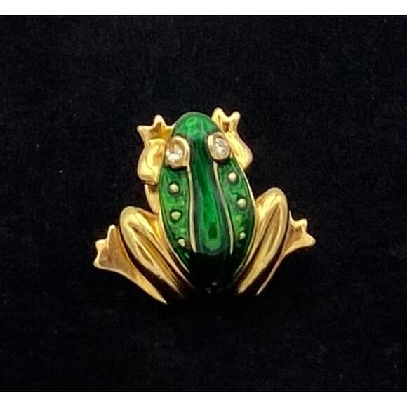 Vintage Avon Gold Tone and Green Enamel Frog Lapel Pin with Rhinestone Eyes - Picture 1 of 8